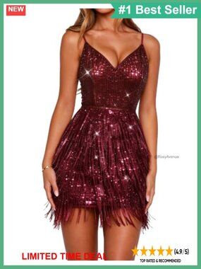 Sequin Fringe Bodycon Mini Dress Sleeveless V-Neck Backless Party Dress